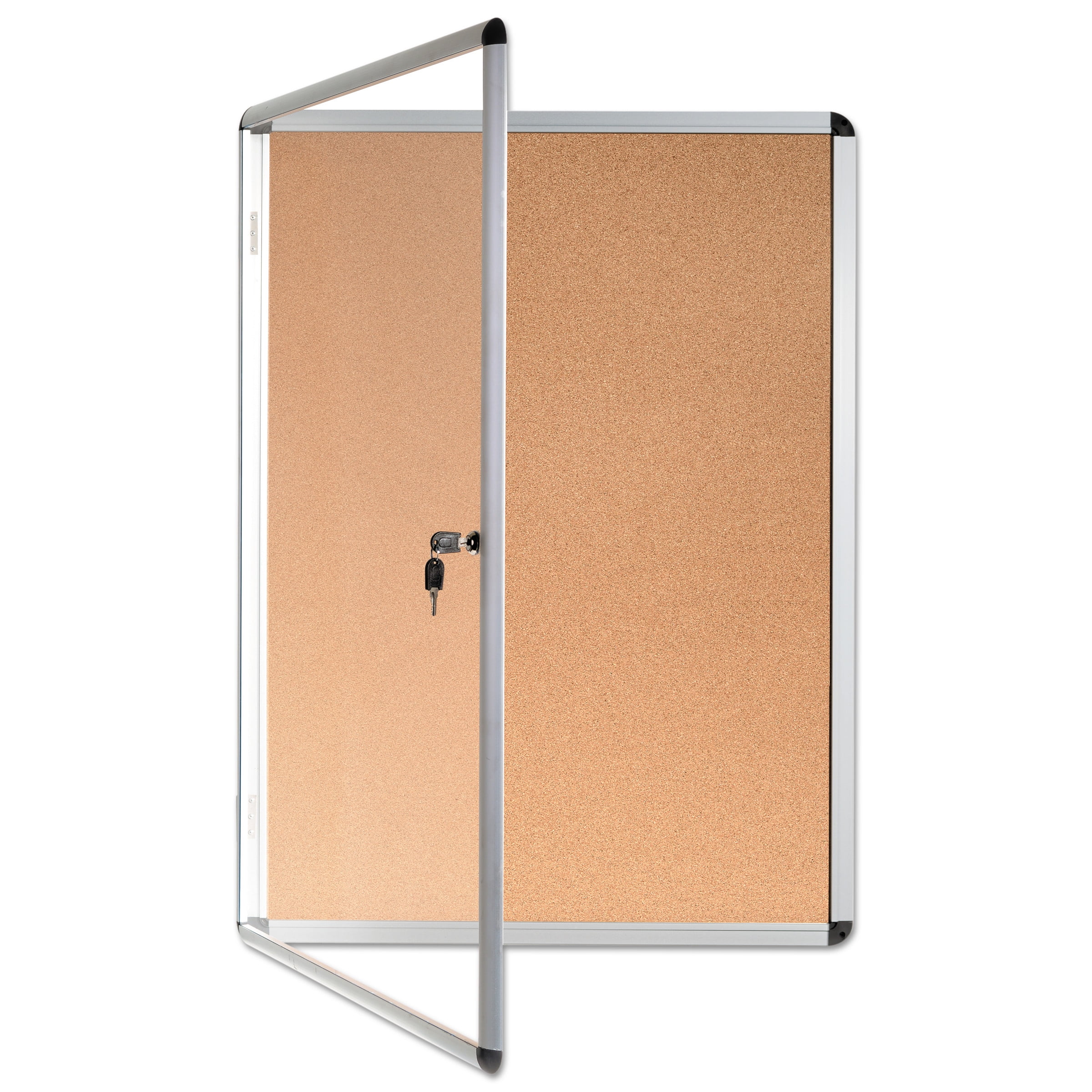 MasterVision VT630101690 28 in. x 38 in. Slim-Line Enclosed Cork Bulletin Board with One Door - Tan Surface/Satin Aluminum Frame