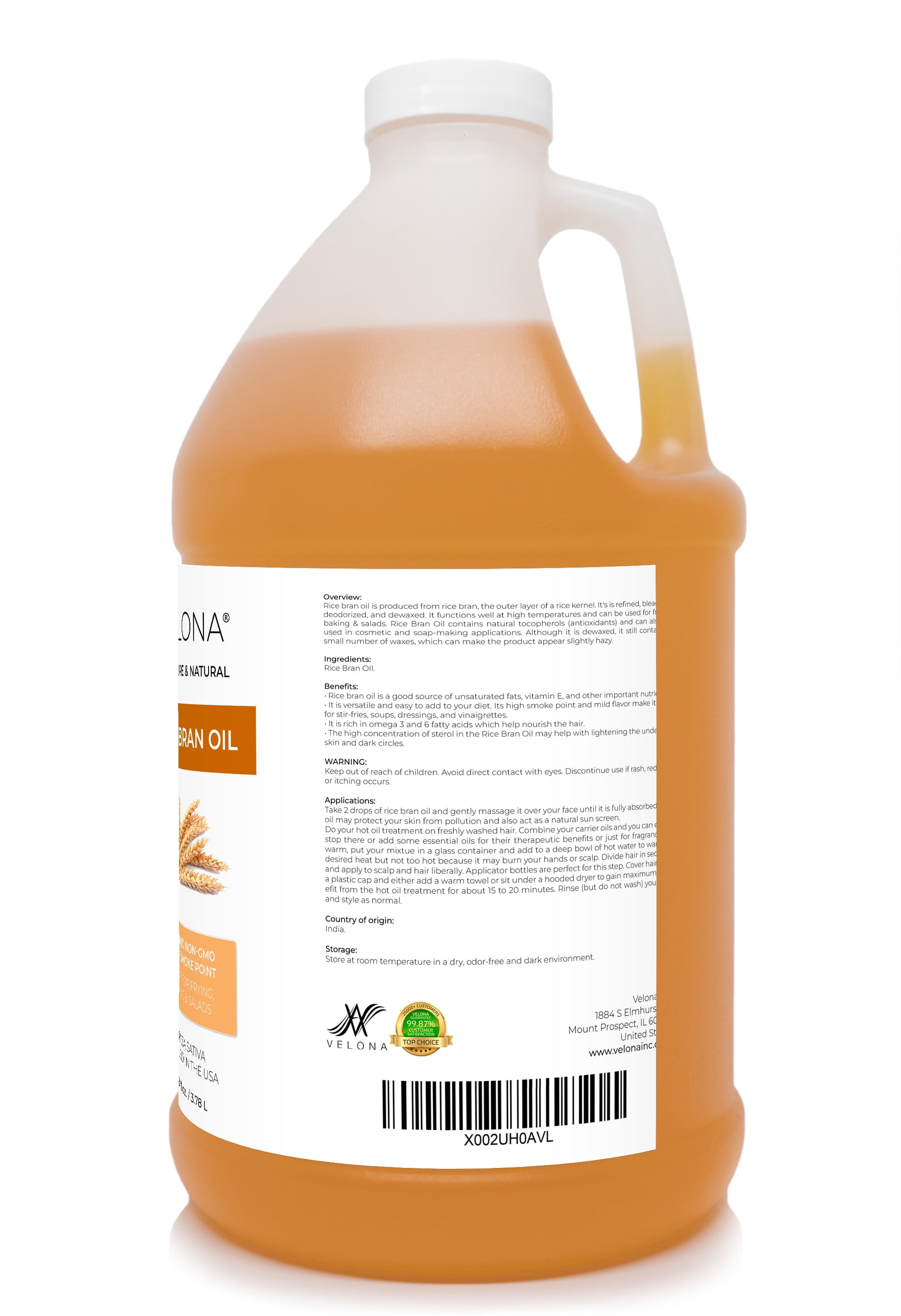 Rice Bran Oil by Velona - 1 Gallon / 128 Fl Oz | 100% Pure and Natural Carrier Oil | Refined, Cold Pressed | Cooking, Face, Hair, Body & Skin Care | Use Today - Enjoy Results