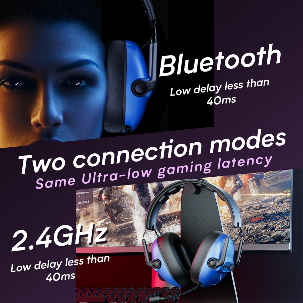 Wireless Gaming Headset, PS4 Headset with Stereo Sound for PC PS4 PS5 Xbox One Mac Switch Laptop,Bluetooth/2.4G/Wired,Foldable,Portable,Blue