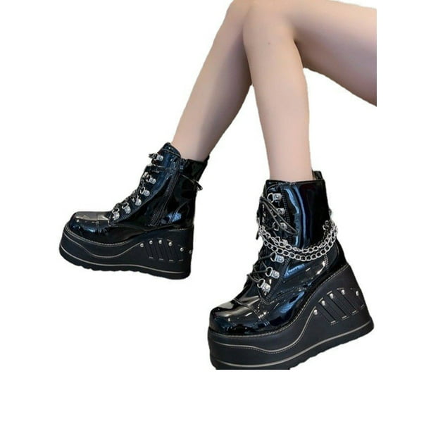 Woobling Women Booties Side Zip Ankle Boot Lace Up Platform Boots