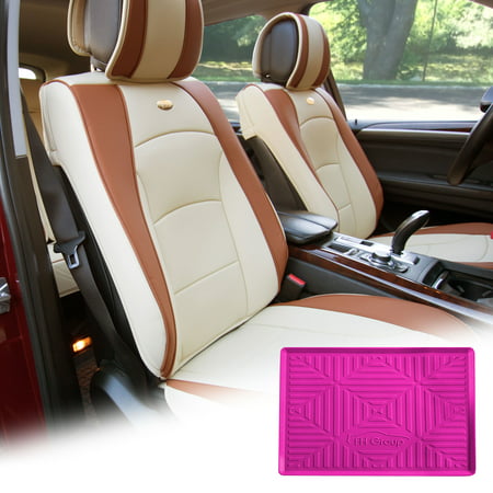 FH Group Beige PU Leather Front Bucket Seat Cushion Covers for Auto Car SUV Truck Van with Hot Pink Dash Mat