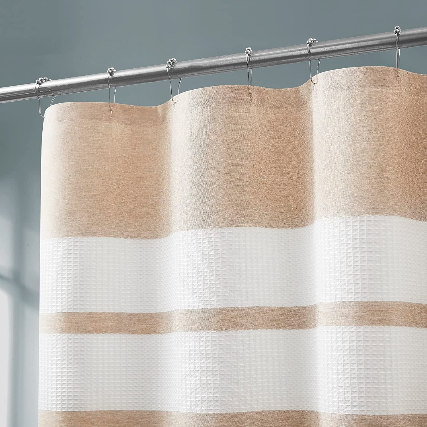WARM HOME DESIGNS White Waffle Shower Curtain with Brown Stripes