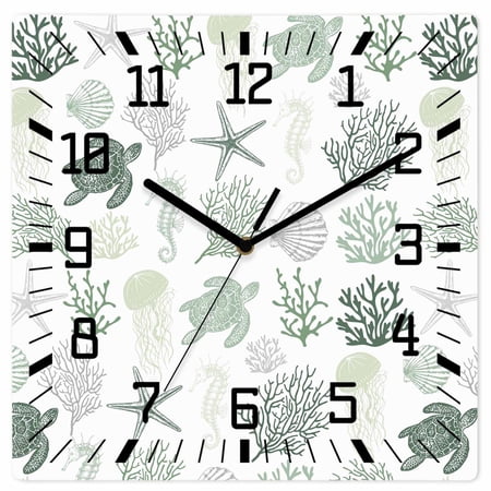 Sage Green Coastal Wooden Wall Clock Silent Non Ticking, Nautical Summer Beach Coral Sea Turtle Square Wall Clocks Battery Operated, Decor Clock for Home Office, Living Room, Kitchen, 12 Inch
