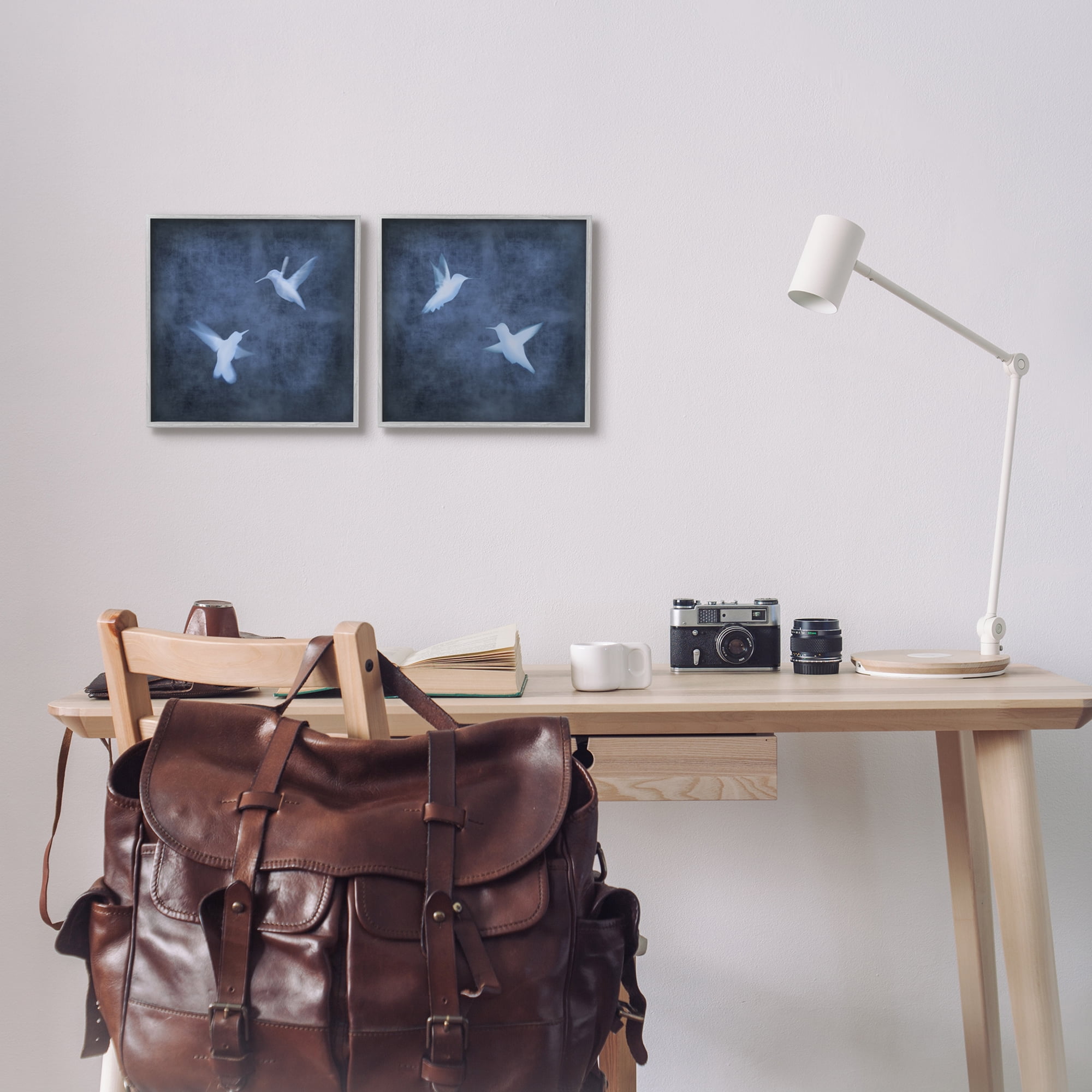 Stupell Modern Blue Birds Flying Silhouettes Animals & Insects Painting Gray Framed Art Print Wall Art, Set of 2