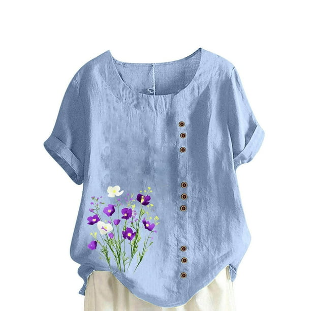 Vestidos Casuales Para Mujer, Blusas De Mujer De Moda Blusa informal de lino con cuello redondo, manga corta y botones para mujer