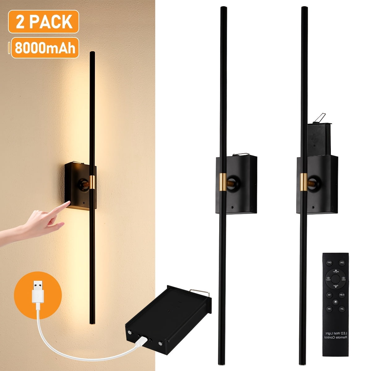31.5 Inch Battery Operated Wall Sconce Set of 2, Dimmable Battery Sconces with Remote Control, 8000 mAh Rechargeable Sconces, 360° Rotate Modern LED Lights for Bedroom, Living Room, Black Gold