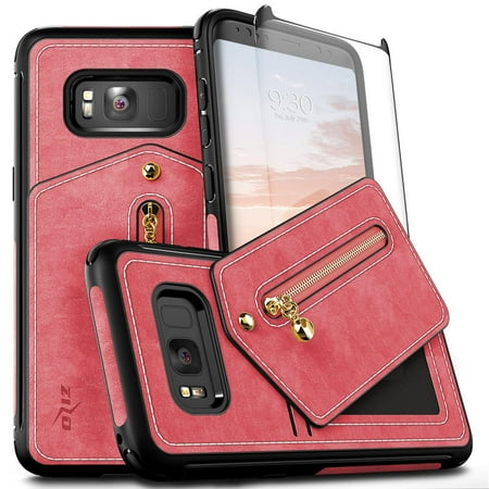 Zizo NEBULA Wallet Series compatible with Samsung Galaxy S8 Case with Tempered Glass Screen Protector Slim Leather Folio Card Slots PINK BLACK