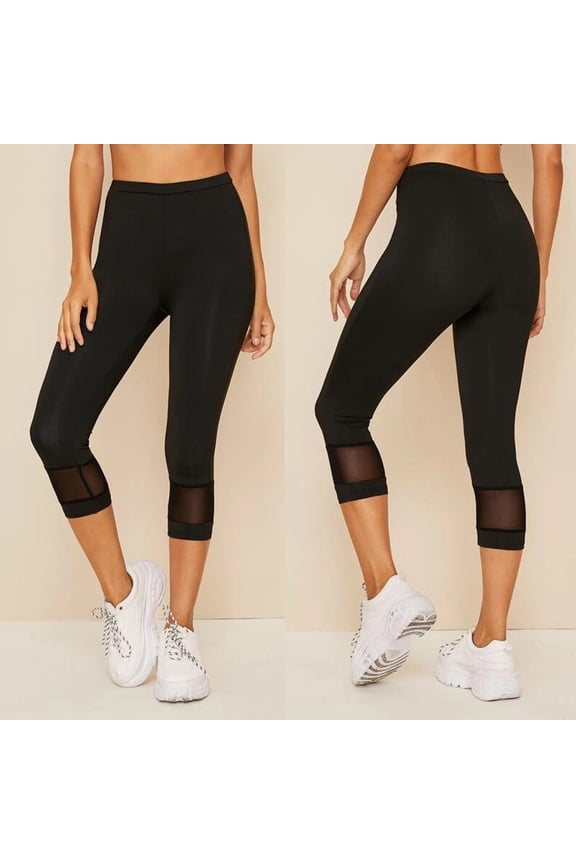 Women's Sheer Mesh Capri Pants Elastic Waist Skinny Cropped Trousers Workout Yoga Leggings