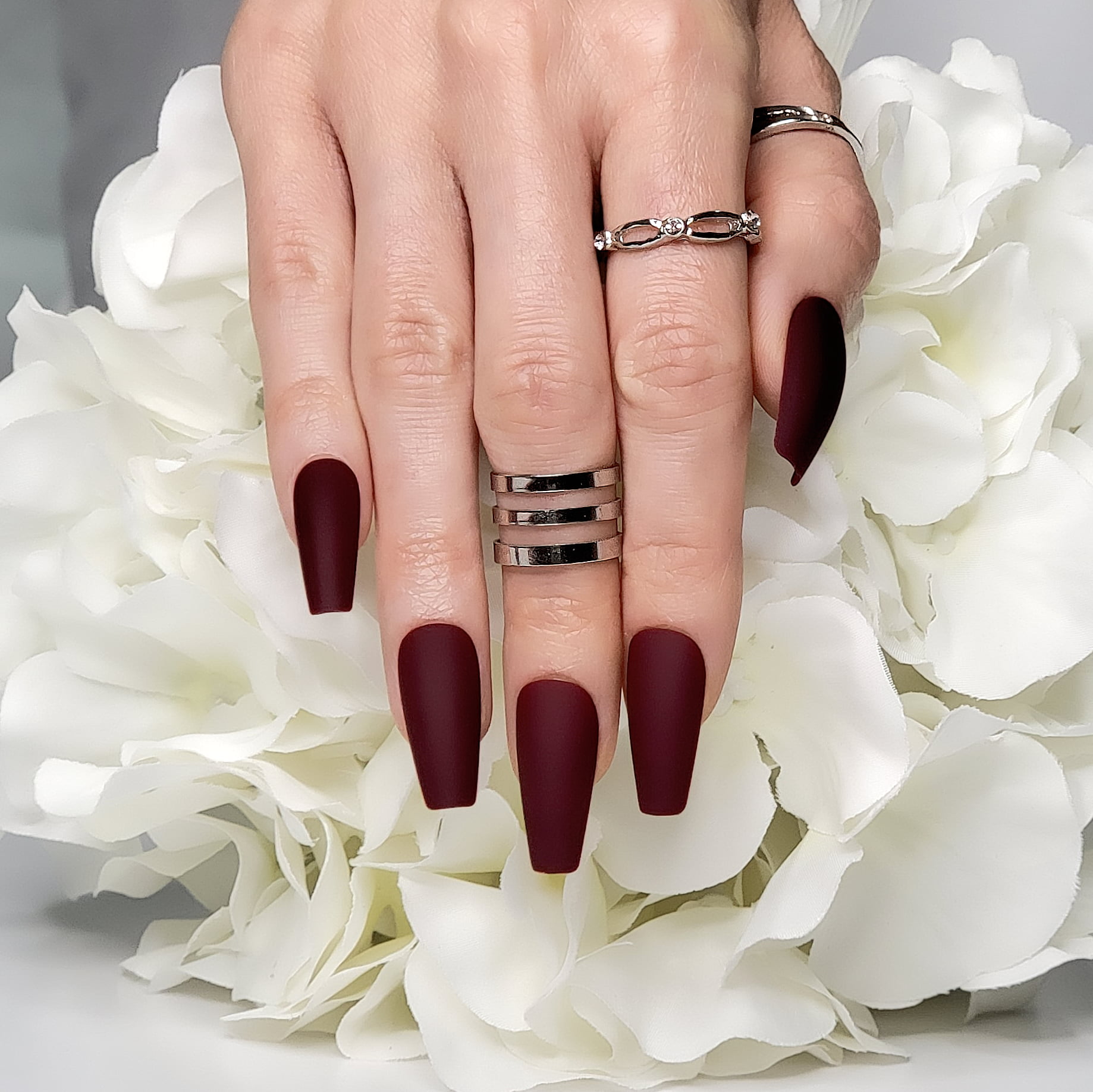 24 Matte Maroon Stiletto Long Press on nails witchy goth alt pointed g –  surethings.net