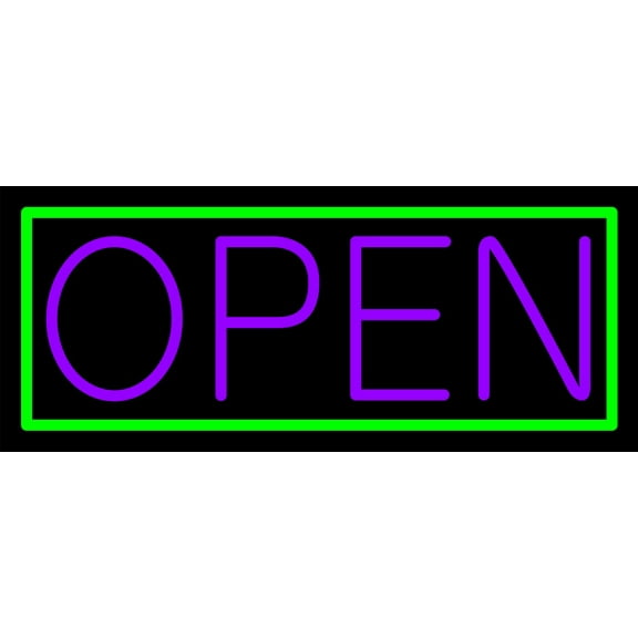 Green Border With Purple Open LED Neon Sign 10 x 24 - inches, Clear Edge Cut Acrylic Backing, with Dimmer - Bright and Premium built indoor LED Neon Sign for storefront.