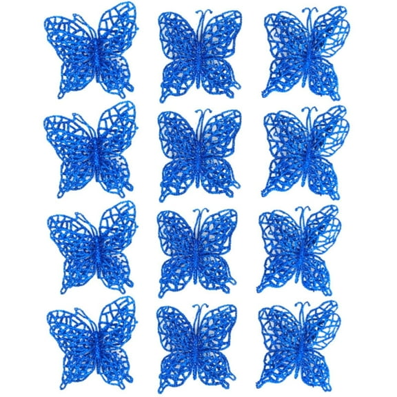 PPKVUFD Blue Glitter Butterfly Decorations Christmas Tree Butterfly Ornaments Artificial Butterflies with Clip & Stem for Xmas Party Wreath Garland Decor - 12-Pack 2.75inch 3D Hollow Butterflies