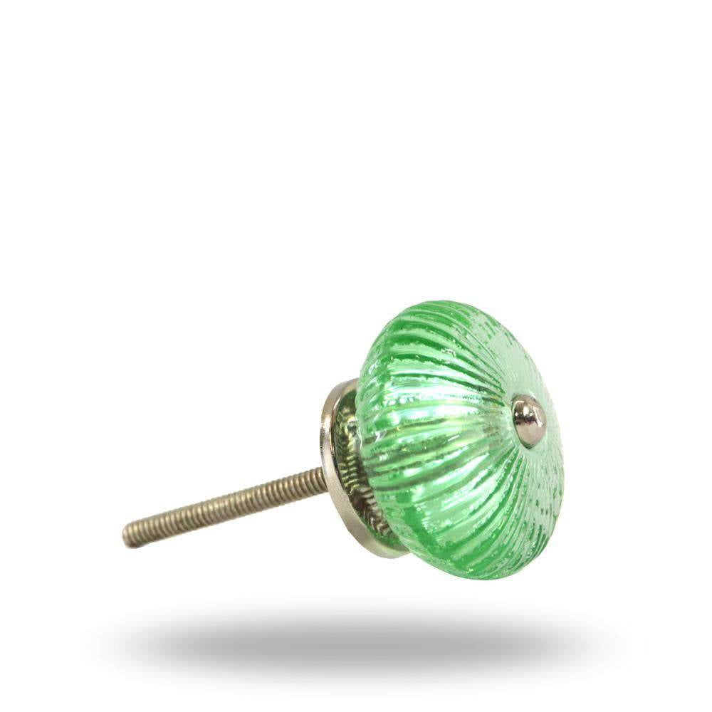 Set of Six Ribbed Round Green Glass Cabinet Knobs