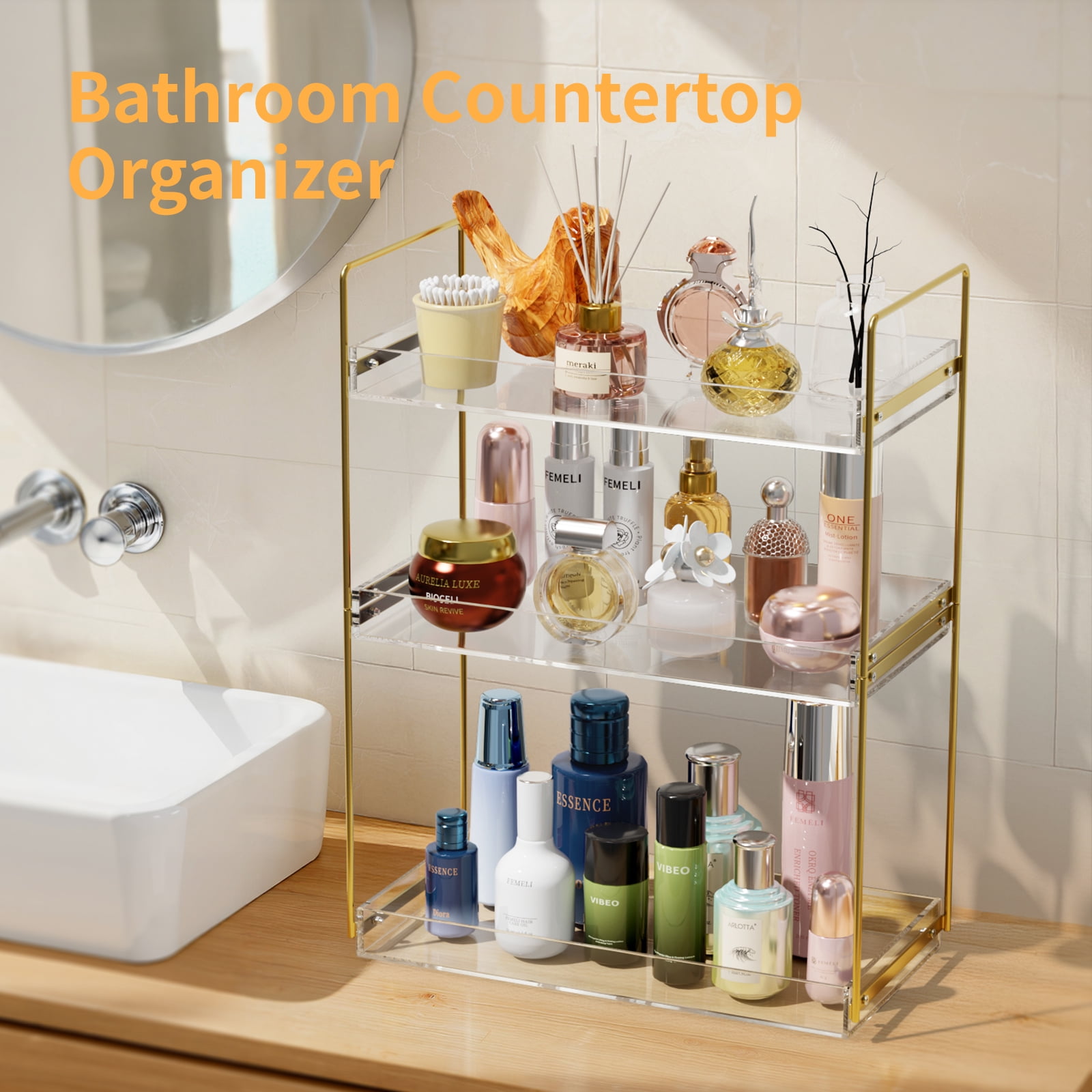NIUBEE 3-Tier Acrylic Bathroom Organizer, Chic Easy Assembly Bathroom Sink Shelf, Large Space Storage Holder for Lotions & Makeup, Perfume, Spice, Gold
