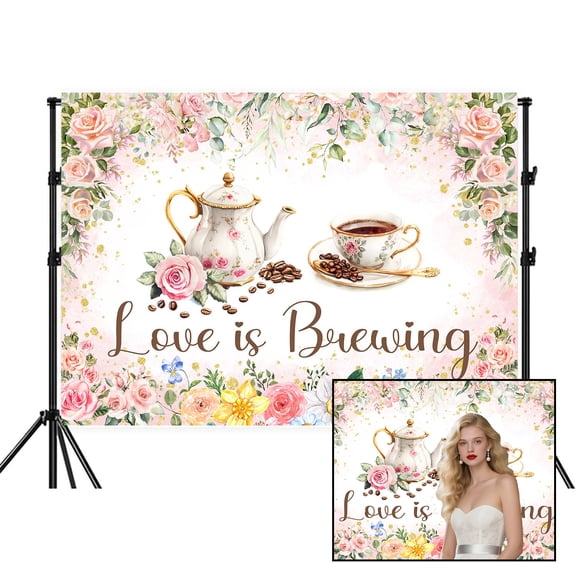 Love is Brewing Backdrop,Floral Coffee Brunch Tea Party Banner Background,Teacups Valentine's Engagement Bachelorette Baby Shower Princess Birthday Party Decorations Photo Studio Props,7x5FT