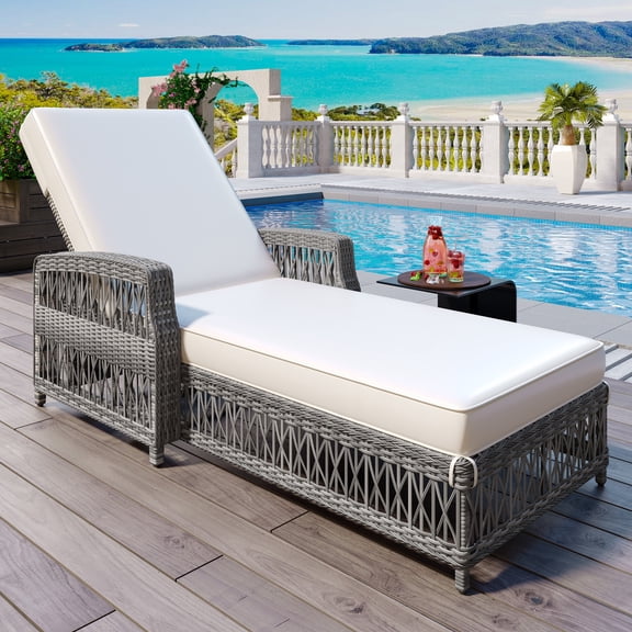 Outdoor Long Reclining Chaise, Wicker Lounge with Armrests, Patio Adjustable Recliner with Soft Removable Cushions, All Weather Rattan Pool Lounge for Poolside & Garden (Beige)