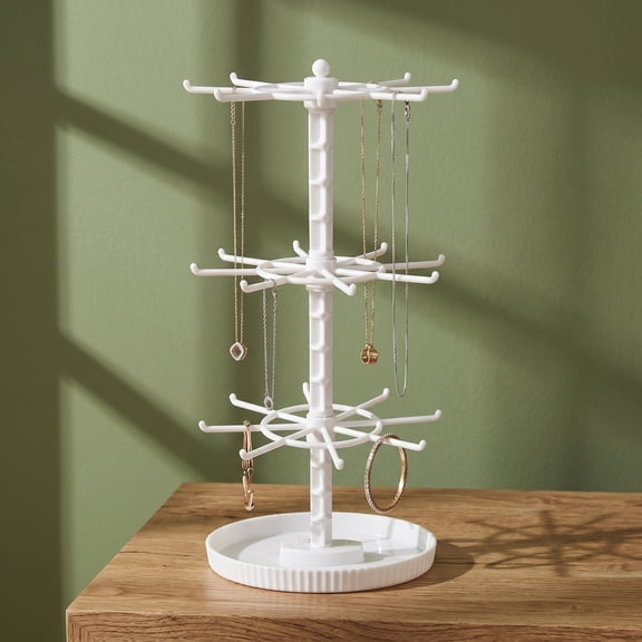 LOLIPPYY White Rotating Jewelry Organizer Stand with Necklace Holder, Keychain Display Rack and Bracelet Hanger