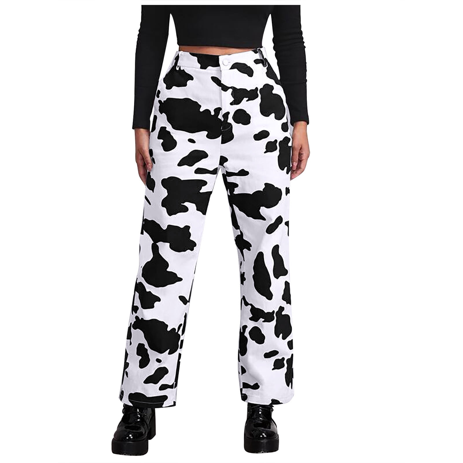 Ecqkame Women's Cow Print High Waist Wide Leg Jeans Clearance Fashion ...