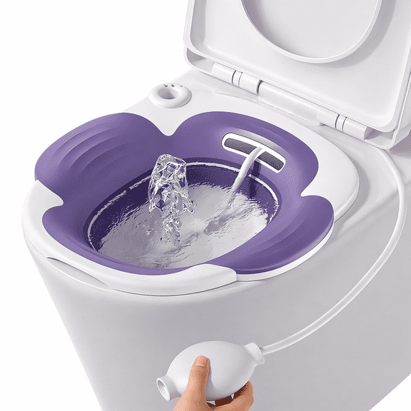 Foldable Sitz Bath for Toilet Seat with Flusher Hose, Sitz Bath Basin with Soft TPE Cushion, Portable Sitz Bidet for Hemorrhoids Relief, Postpartum Care, Personal Hygiene