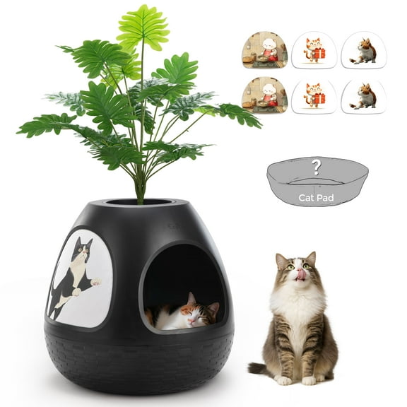 COZIWOW Copod8 Cat Cave, 3-in-1 Cat House Condo with Plant, Cat Cushioned Bed, Cat Scratchers, Modern Cat Pet Furniture for Indoor, Cat Hiding Spot, Black