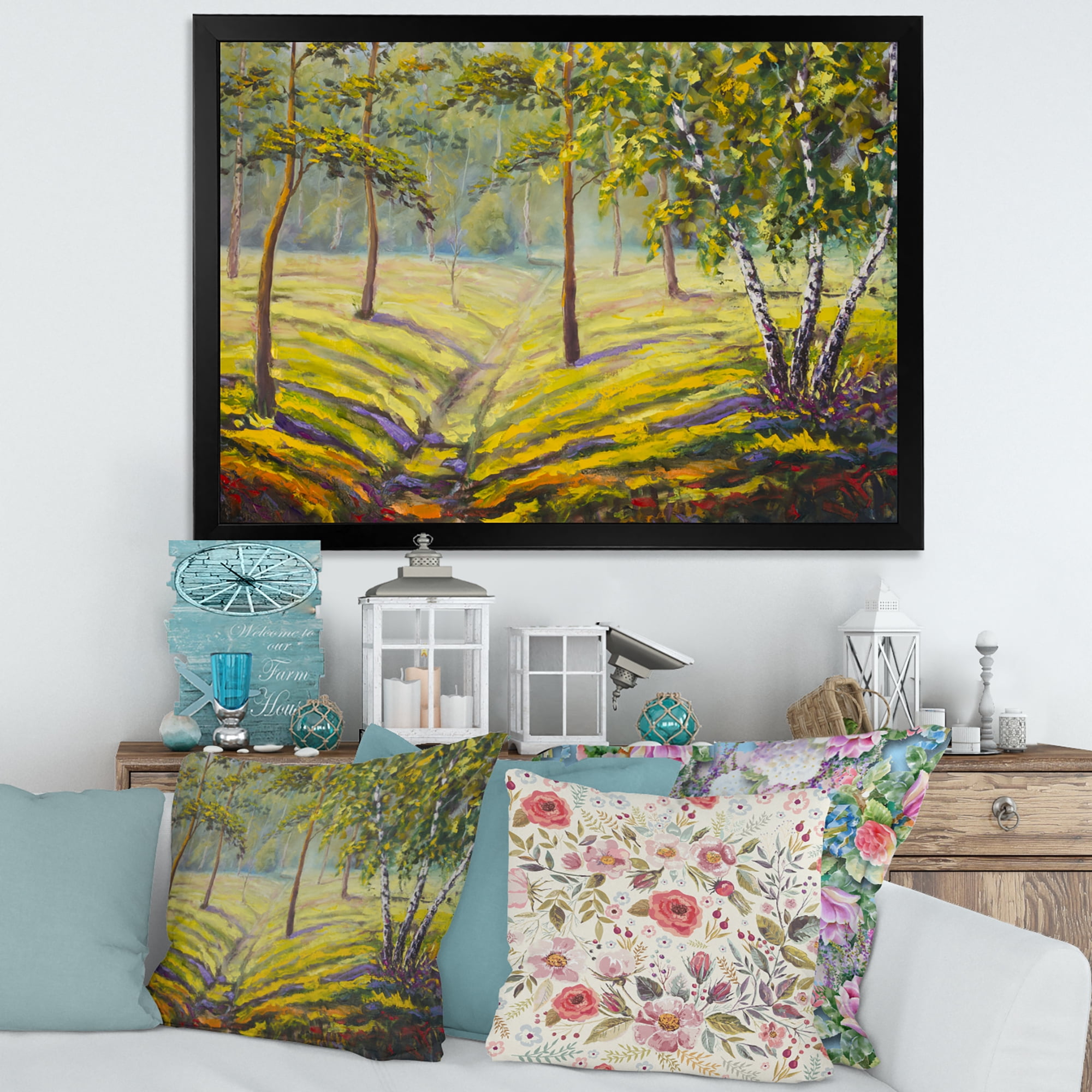 Designart 'Bushes and Pine Trees In The Forest II' Traditional Framed Art Print