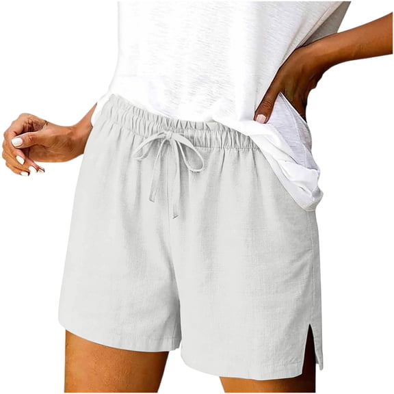 Womens Cotton Linen Shorts Summer Solid Color Elastic Waist Drawstring Side Split Shorts Summer Vacation Bermuda Shorts
