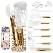 Styled Settings White & Gold Nylon Cooking Utensils with Holder and Measuring Cups & Spoons