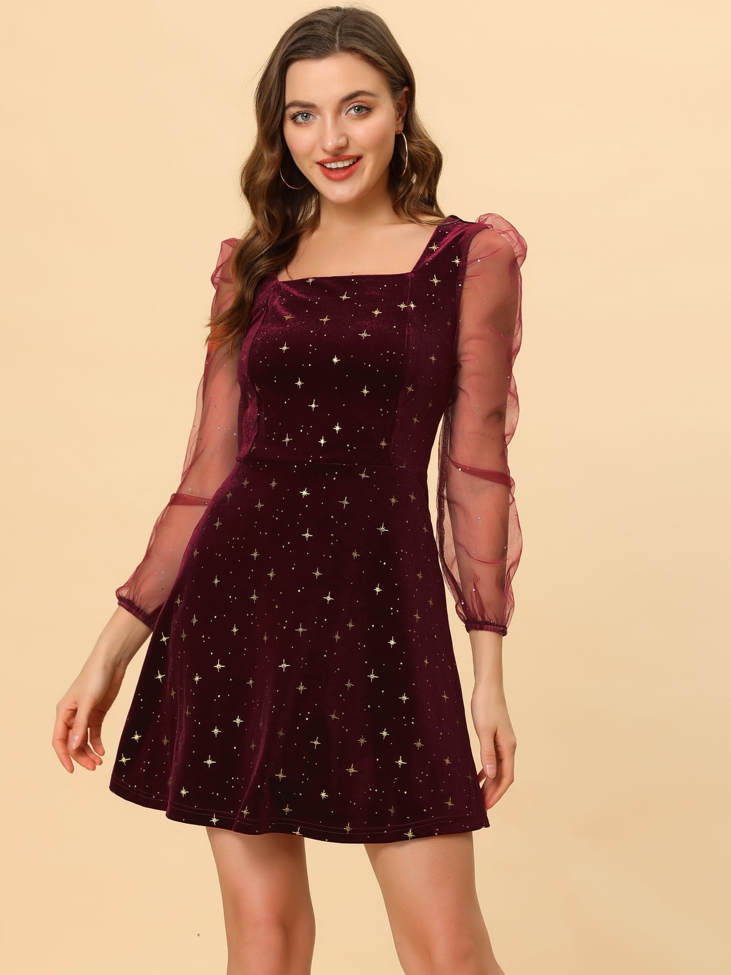 DARING DIVA Square Neck Mesh Sheer Sleeve Glitter Star Velvet Mini Dress M Red