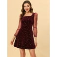 thumbnail image 2 of DARING DIVA Square Neck Mesh Sheer Sleeve Glitter Star Velvet Mini Dress XS Red, 2 of 6