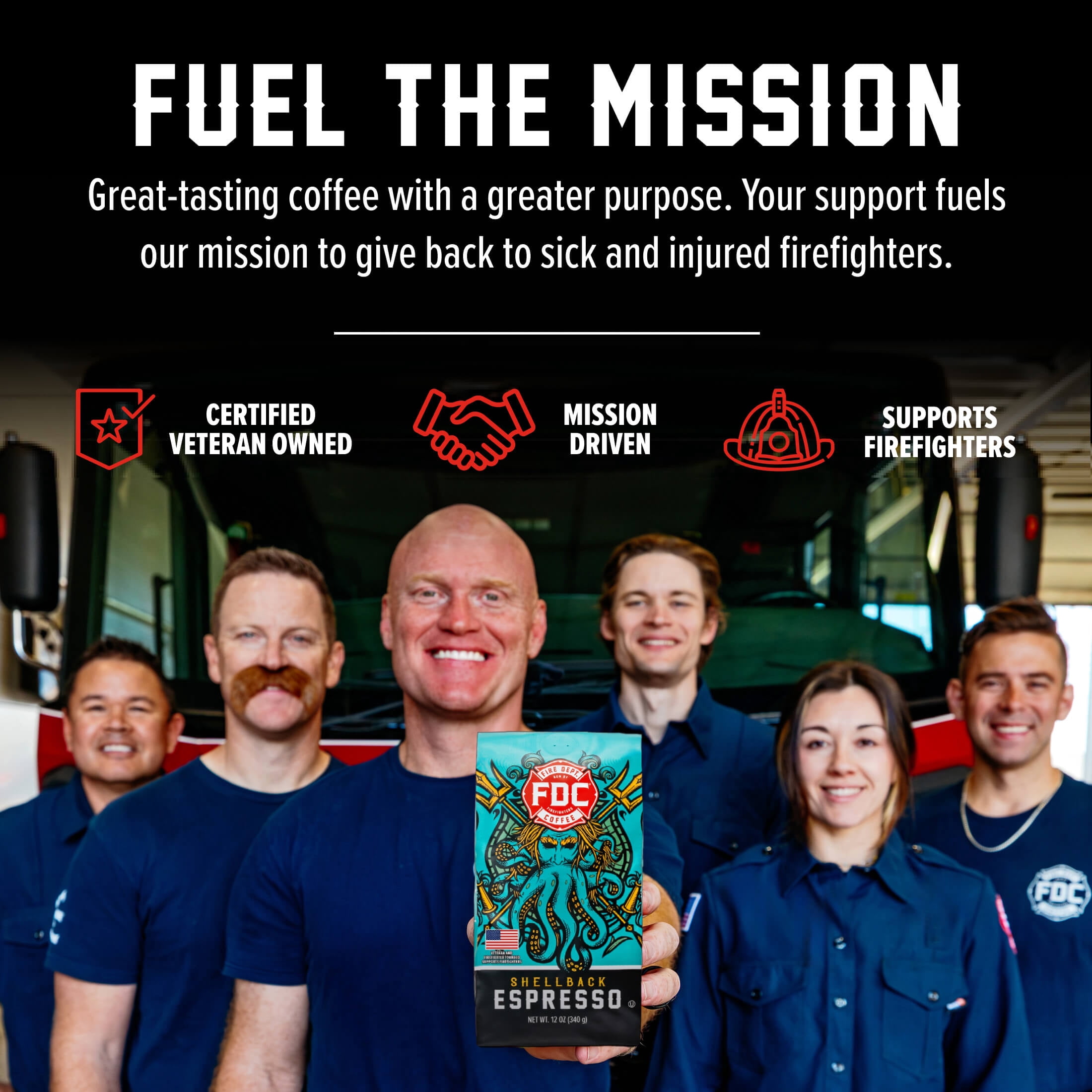 (6 pack) Fire Department Coffee, Shellback Espresso, Premium Ground Coffee, Medium Roast, 12 oz.