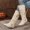 Beige, variant on Womens Fall Winter Mid Shaft Slouch Boots Round Toe Mid Block Heel Solid Color Buckle Accent Daily Casual Mid Calf Shoes Beige 8.5(41)