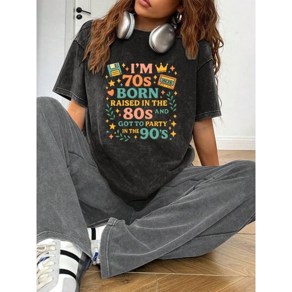 Short Sleeve Round Neck Cotton Retro Decades Graphic Tee Vintage T Shirt Tops Black S-2XL Plus Size