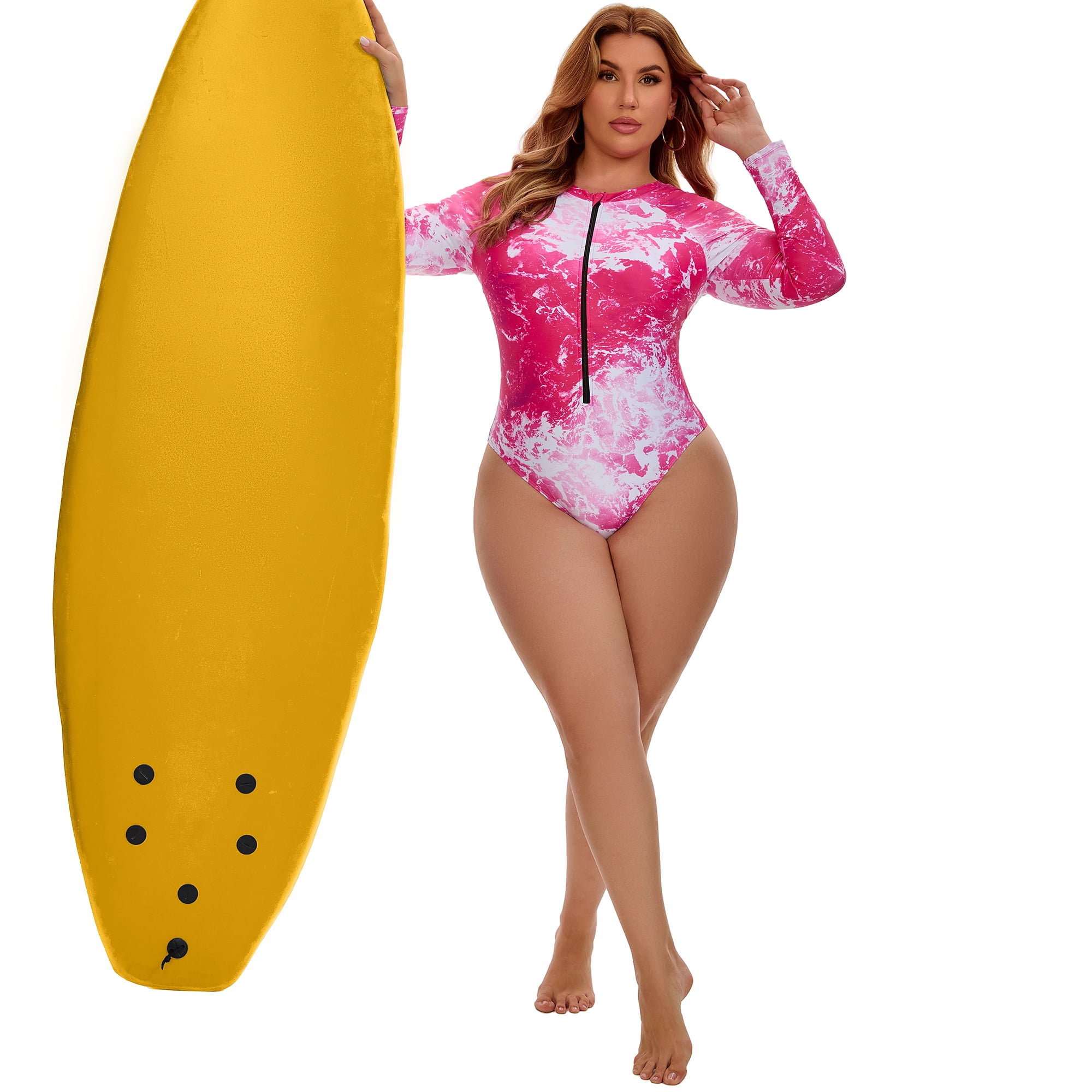 DARING DIVA Women's Plus 1 Piece Surfing Long Sleeve Swimwear L Hot Pink
