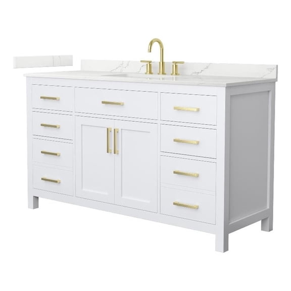 Beckett 60" White Single Vanity & Giotto Quartz Top (3-Hole) & Gold Trim