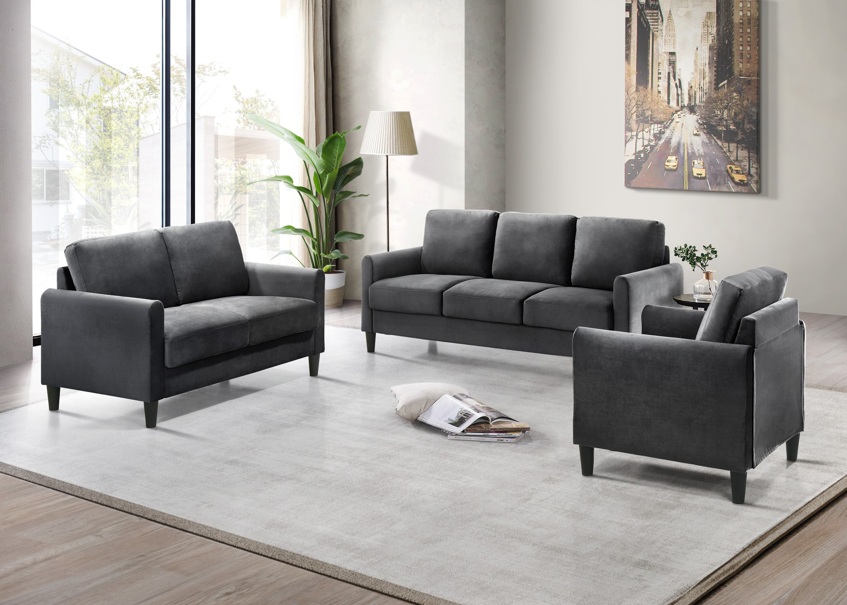Home Design Airell Velvet Arm Chair with Plush Armrests and Sleek Black Legs, Modern Upholstered Design for Living Room, Dark Gray