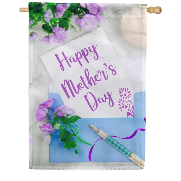 America Forever Happy Mother's Day Note House Flag 28 x 40 inches Floral Greetings Card Purple Flowers Double Sided Holiday Seasonal Yard Outdoor Decorative I Love You Mom Flag