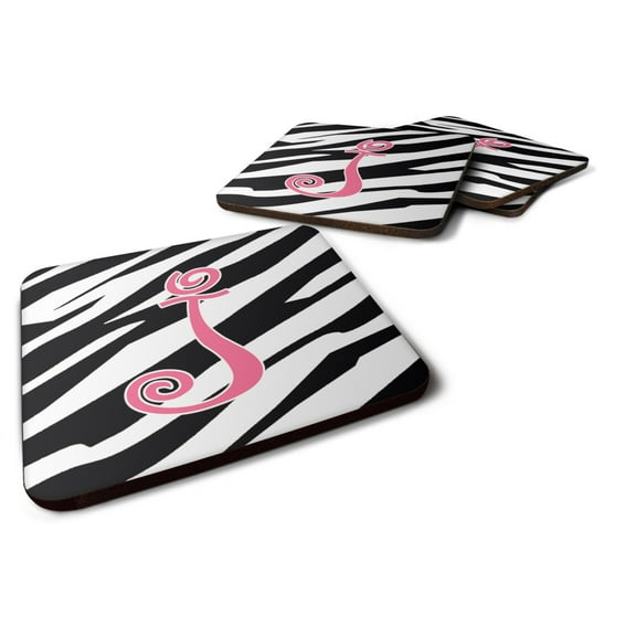 Letter J Initial Zebra Stripe and Pink Foam Coaster Set of 4