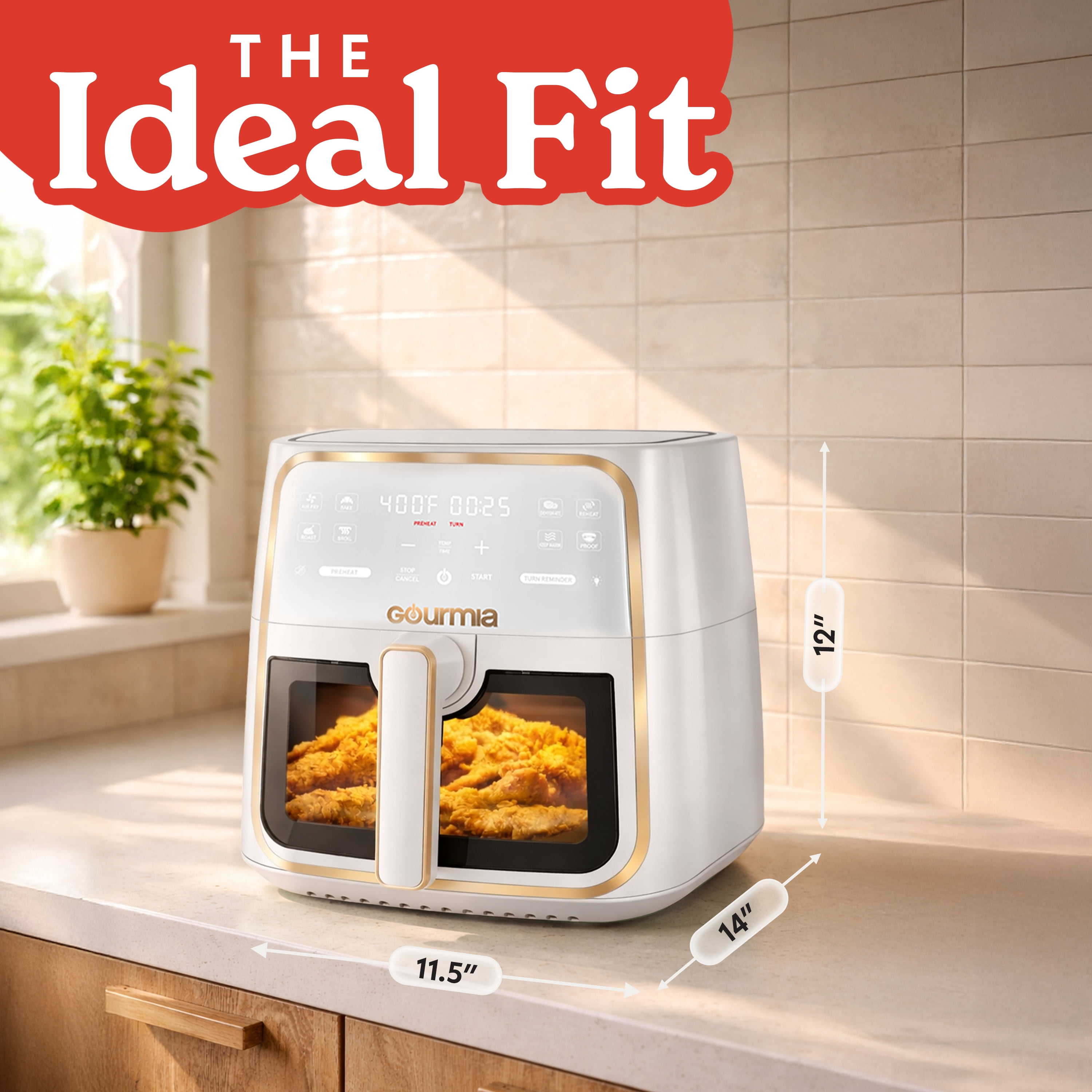 Gourmia 8 Qt Air Fryer, 8 Presets with Digital Display, FryForce 360° Technology, Easy View Window & Interior Light, Dishwasher Safe Basket, White
