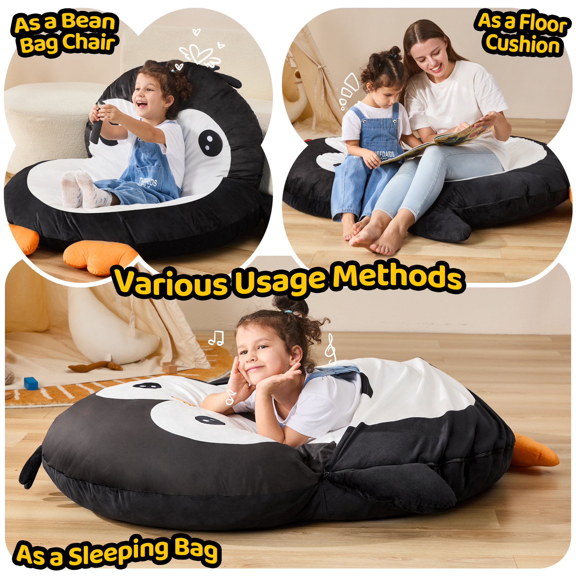 Hobestluk Bean Bag Chairs Bean Bag Floor Cushion Sleeping Mat Bean Bag Chair for Adults Beanbag Lounger for Living Room Bedroom or Playroom (Black, Medium, Penguin)
