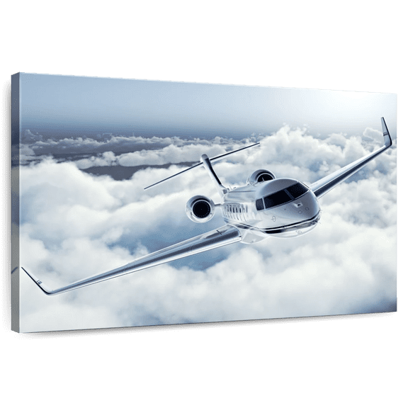 Elephant Stock Flying Luxury Private Jet Wall Art - Horizontal Canvas Wall Art - Living Room Wall Decor - Transportation Canvas - Silver And Gray Decor - 12" x 8"