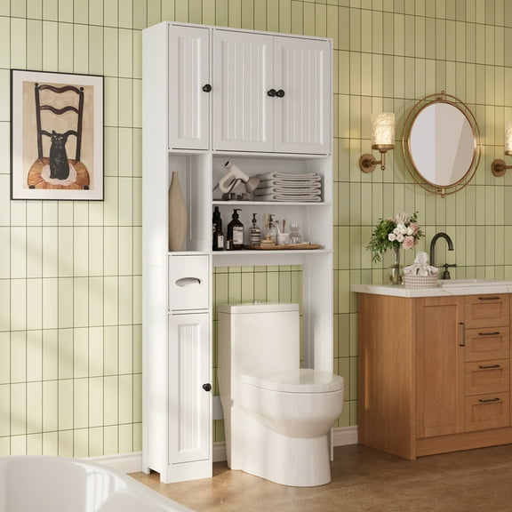 Asofer 71"H Over The Toilet Storage Cabinet with Adjustable Shelves & Doors, Bathroom Organizer for Bathroom, Laundry, White