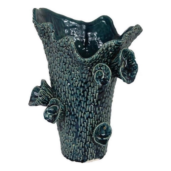 Benjara 17" Vase with Barnacle Design & Floral Details- Blue Ceramic Finish