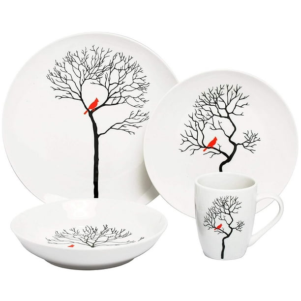Melange Coupe 16 Piece Porcelain Dinner Set Birds In Forest Service For 4 Microwave Dishwasher Oven Safe Dinner Plate Salad Plate Soup Bowl Mug 4 Each Walmart Com Walmart Com