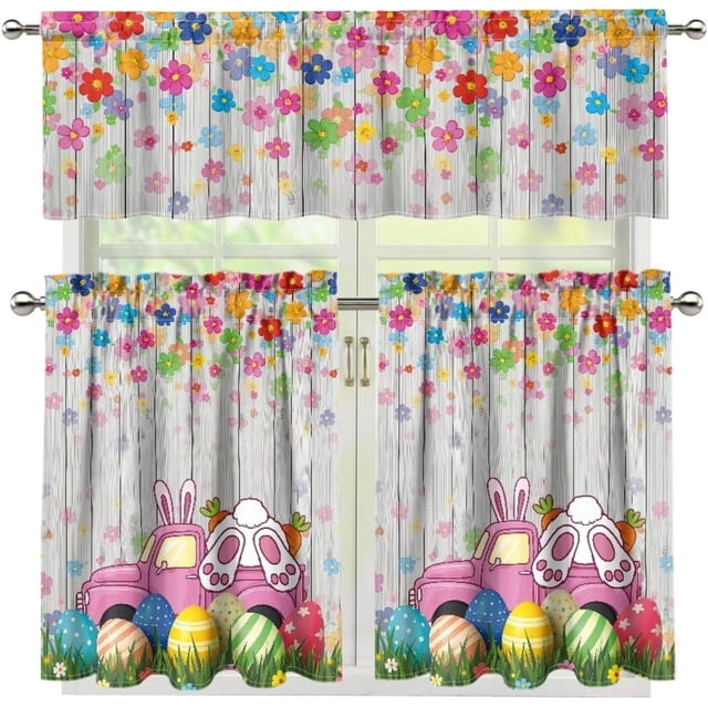 Rabbit Kitchen Curtains Valance Set of 3 Colorful Cute Groovy Flower Curtain Tier and Valance Living Room Curtains Window Decorations,Happy Easter Day Holiday Decor,M
