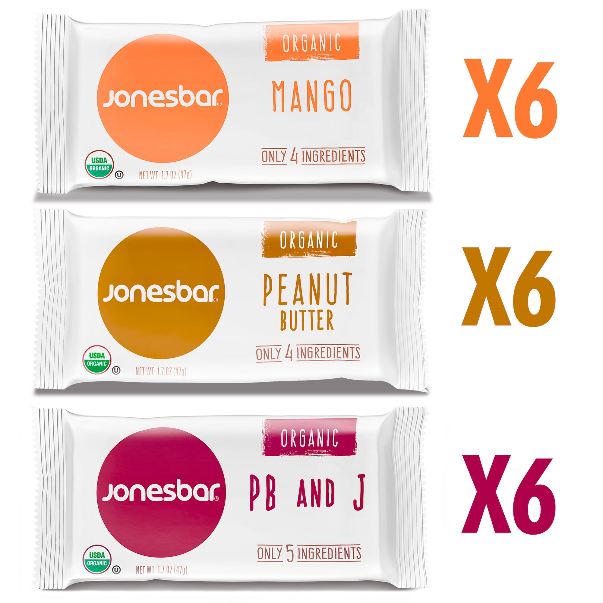 JONESBAR (18ct Variety Pack, 18 Bars (1 Box)), USDA Organic Fruit & Nut Bar, Non-GMO, Kosher, Vegan, Gluten Free, Simple Snack Bar