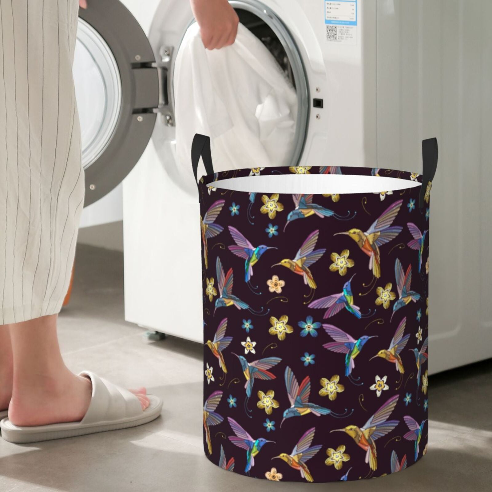 Large Laundry Basket with Handles - Floral Hummingbird Print Black Kids Baby Dirty Clothes Laundry Hamper for Bedroom Aesthetic