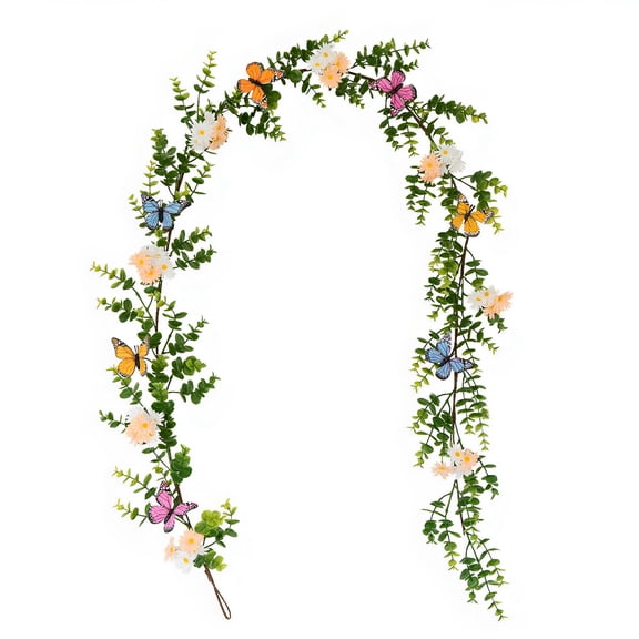 Artificial Eucalyptus Daisy Garland with Butterflies, 6 Foot Spring Floral Garland, Vivid Colors Fireplace Mantel Garland for Home Decor, Wedding, Party