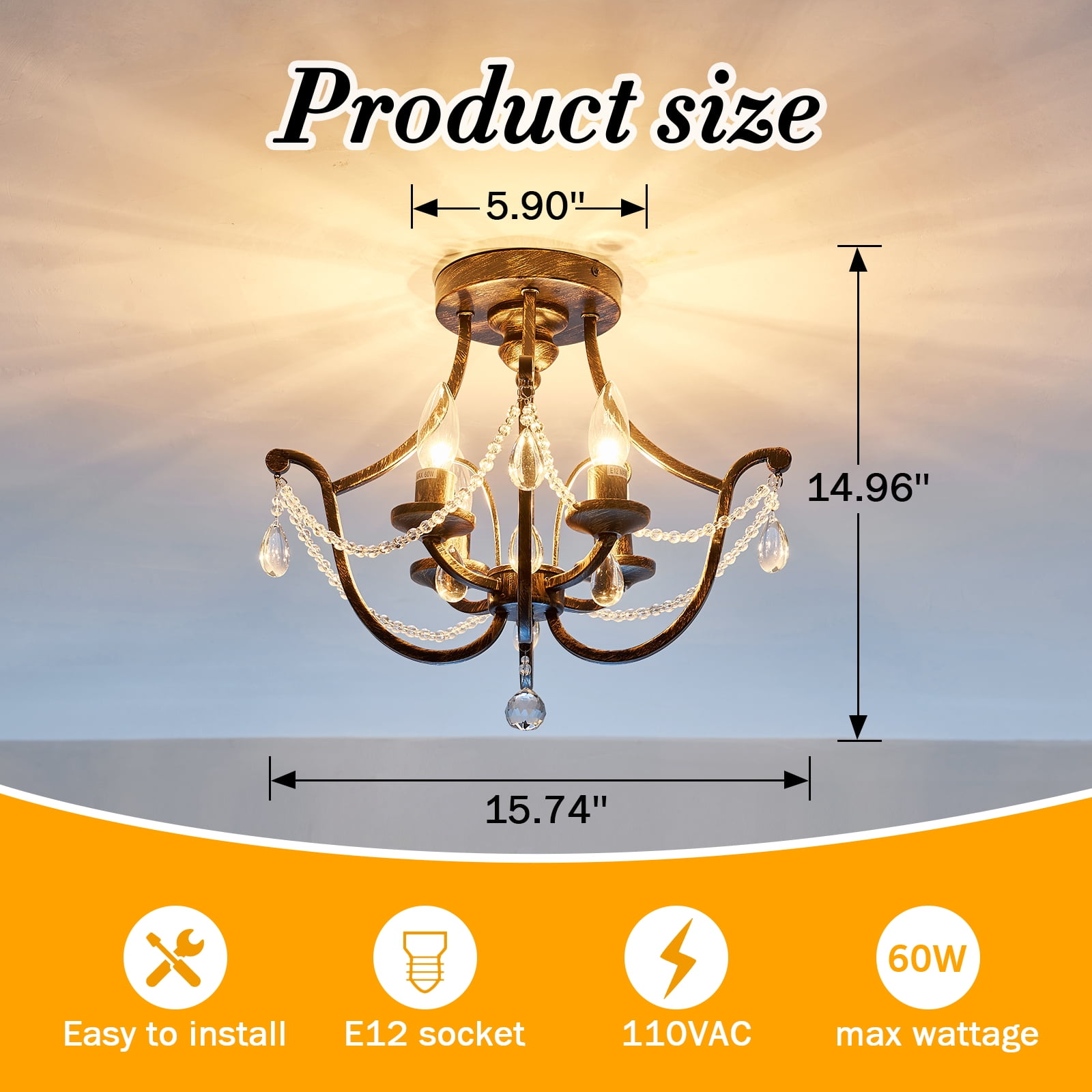 YYJLX Modern Semi Flush Mount Chandelier 4-Light Small YYJLX Modern Semi Flush Mount Chandelier 4-Light Small