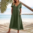 thumbnail image 6 of cocolona Womens Summer Linen Long Dress V Neck Short Sleeve Pleated Flowy Sun Dress Fashion Casual Loose Beach Dress with Pockets, 6 of 6