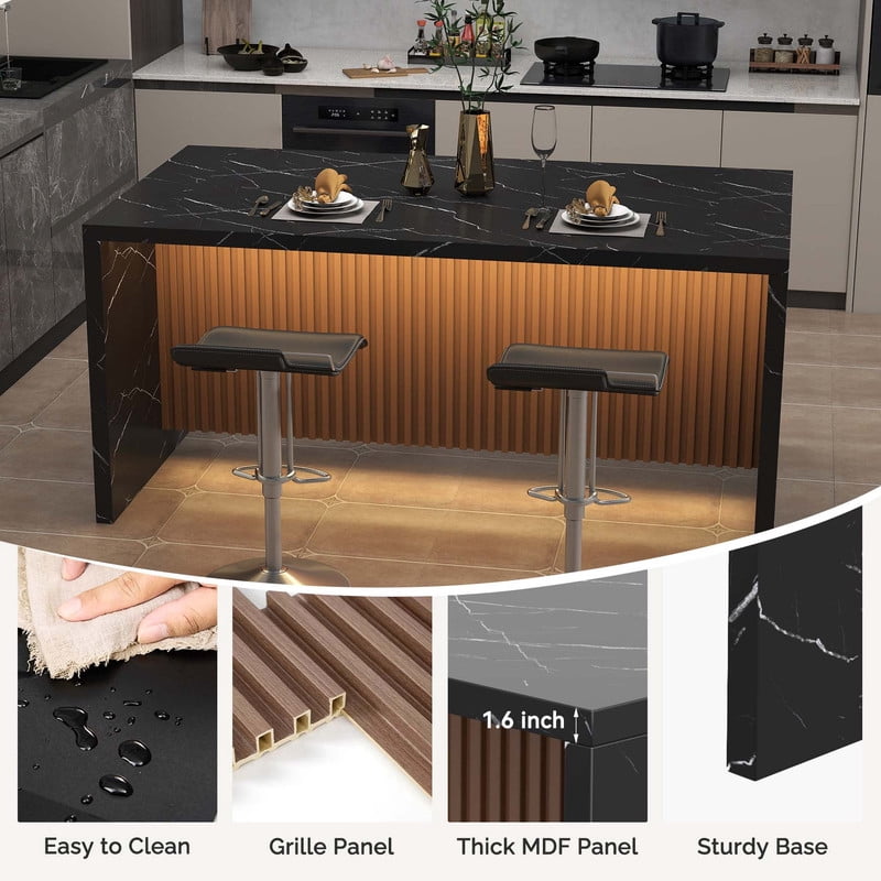 Hawsaiy 67" Modern LED Rectangle Dining Table with Marble-Look Top, 6 Seater Kitchen Island Table with Lights for Home Kitchen Office, Black