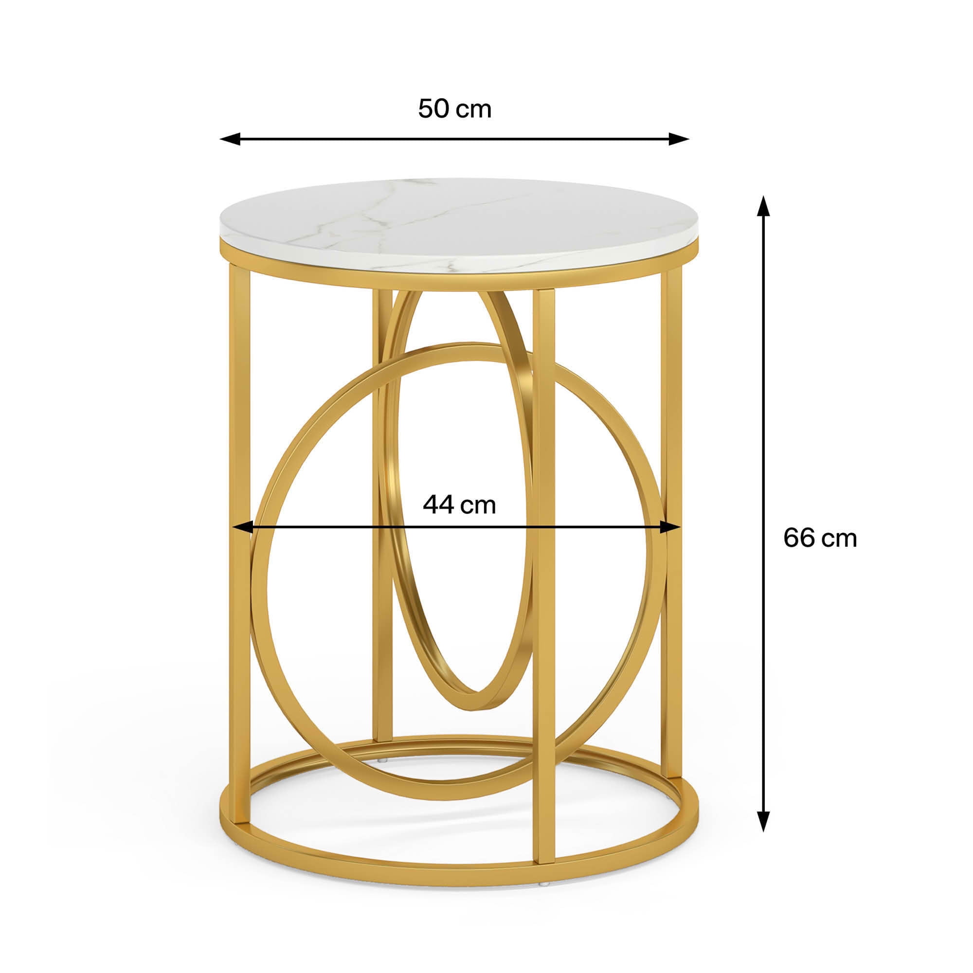 MAYEERTY 19.7" Round Modern End Side Table, White Faux Marble MDF Top Golden O-Shaped Thick Steel Frame Nightstand with Anti-Slip Floor Pads
